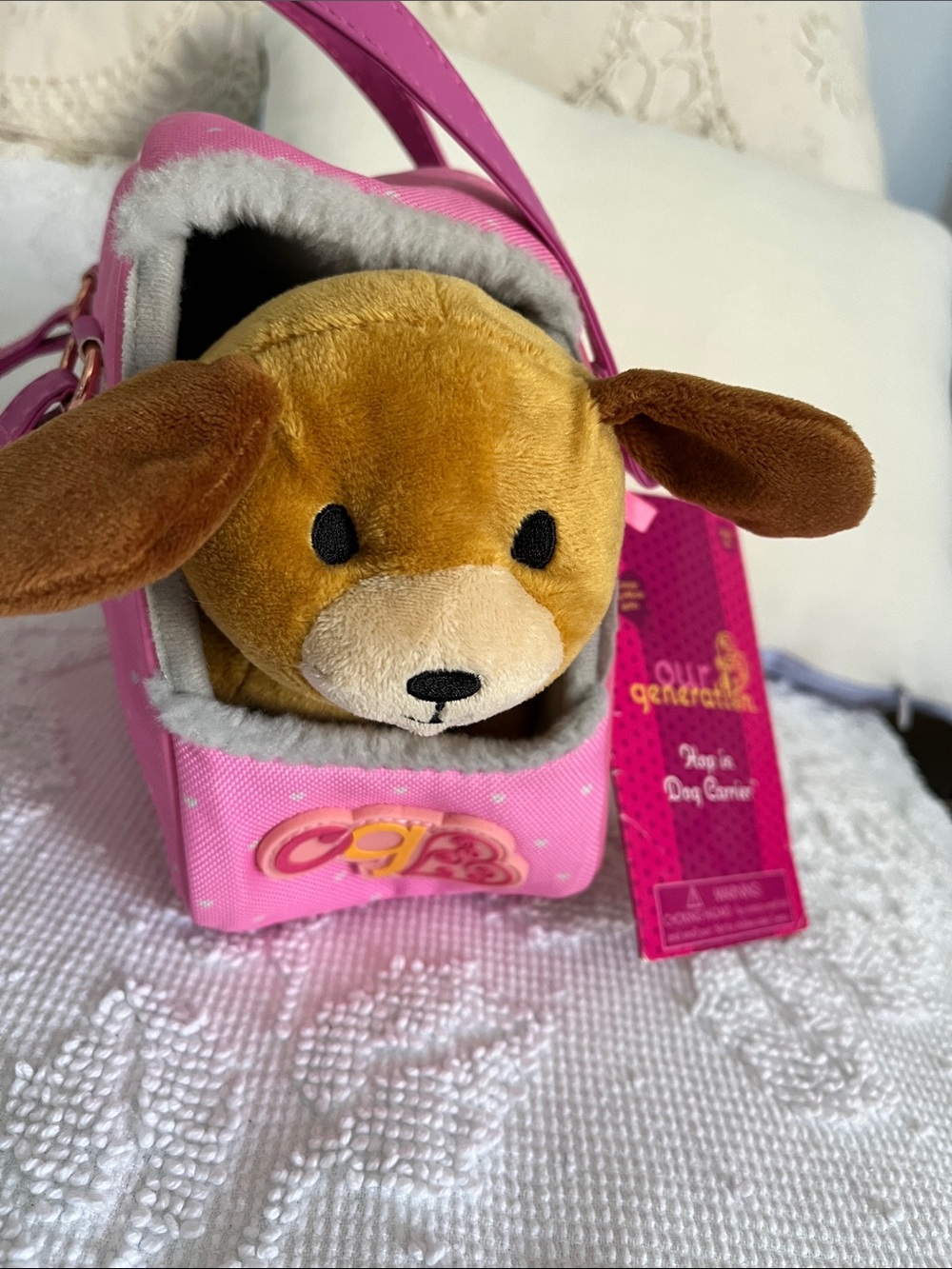 New Plush Brown Puppy in Pink Carrier - Kids Stuffed Animal